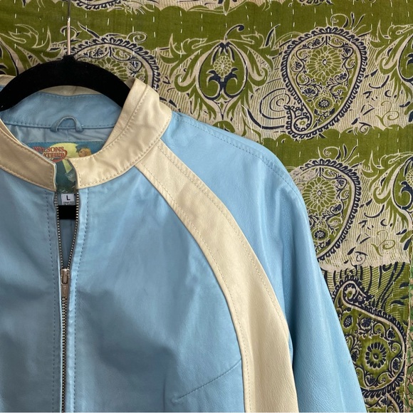 Rare VTG Y2K Wilsons Leather Baby Blue/ Cream Retro Moto Leather Jacket Large - Picture 3 of 15